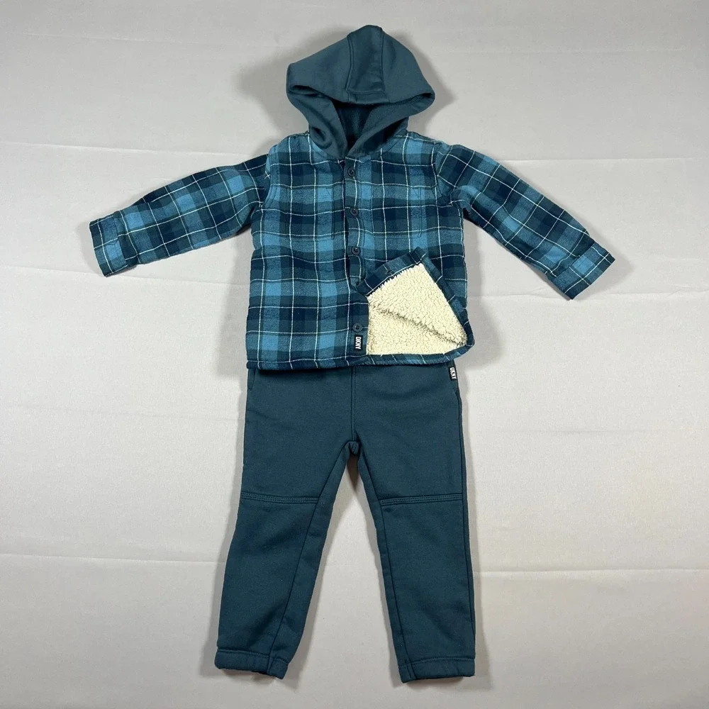 Dkny Outfit Set Kids 24M Blue Plaid Sherpa Lined Hooded Cotton Elastic Waistband